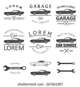 Set of car service labels and emblems in vintage design.