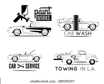 Set of car service labels. Car repair service, car wash, car paint and car towing emblems and icons