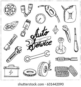 Set with Car service maintenance doodles. Vector illustration