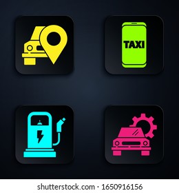 Set Car service, Map pointer with taxi, Electric car charging station and Taxi call telephone service. Black square button. Vector