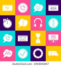 Set Car service, Monitor with FAQ information, Information, Speech bubble angry smile, Exclamation, Stopwatch, No Internet connection and Headphones icon. Vector