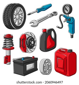 Set of car service objects illustration. Auto center repair and transport items.