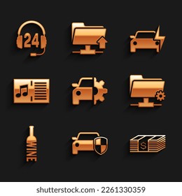 Set Car service, protection or insurance, Paper money dollars cash, FTP settings folder, Bottle of wine and Music book with note icon. Vector