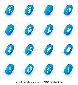 Ajuste el servicio de automóvil, destornillador, haz de carretera, velocímetro, semáforo, rueda, cartucho para aceite de máquina de motor e icono de cono. Vector