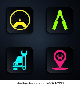 Set Car service, Speedometer, Car service and Car battery jumper power cable. Black square button. Vector