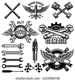 Set of car service station emblems and design elements. For logo, label, sign, banner, t shirt, poster. Vector illustration