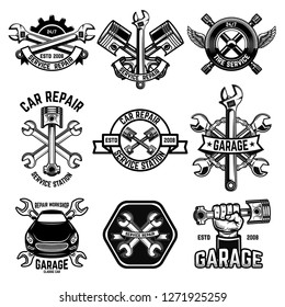 Set of car service station emblems and design elements. For logo, label, sign, banner, t shirt, poster. Vector illustration