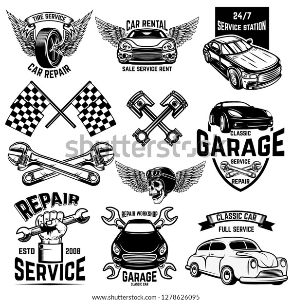 Set of car service station emblems and\
design elements. For logo, label, sign, banner, t shirt, poster.\
Vector illustration