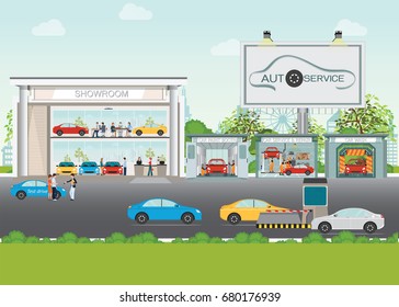 Set of car service station, showroom, car wash, paint booth ,service and repair shop interior, banner bill board concept posters, banners flat style design elements vector illustration.