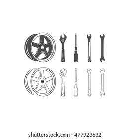 Set of car service tools and tire isolated on a white background. Lineart and silhouette design. Vector illustration.