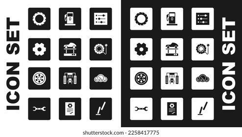 Set Car settings, Repair car on lift, Gear, tire wheel, Tire pressure gauge, Petrol or Gas station, Speedometer and Alloy icon. Vector