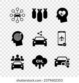 Set Car sharing, Aviation bombs, Head with heartbeat, , Methane emissions reduction and  icon. Vector