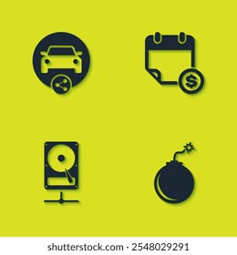 Establecer coche compartido, bomba lista para explotar, unidad de disco duro en la red e icono de calendario financiero. Vector