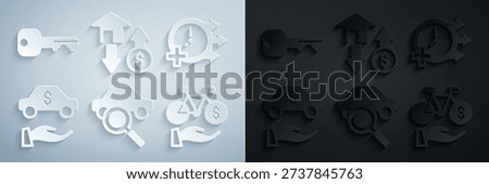 Set Car sharing, Clock, rental, Bicycle mobile app, House with dollar and key icon. Vector