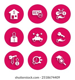 Set Car sharing, Clock, Search house, House key, Rent, Realtor, Bicycle rental mobile app and with dollar icon. Vector