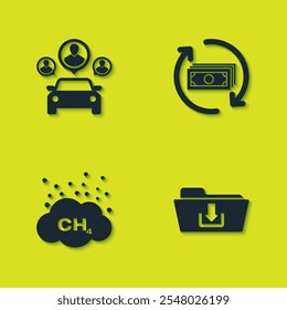 Set Car sharing, Folder download, redução de emissões de metano e ícone de dinheiro de reembolso. Vetor