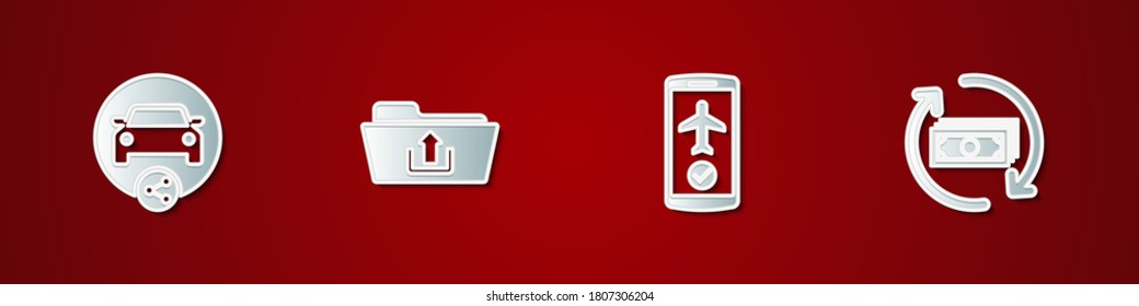 Set Car sharing, Folder upload, Flight mode the mobile and Refund money icon. Vector.