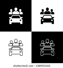 Set Car sharing with group of people icons isolated on black and white background. Carsharing sign. Transport renting service concept. Line, outline and linear icon. Vector Illustration