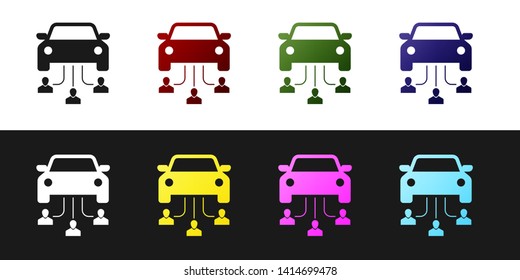 Set Car sharing with group of people icon isolated on black and white background. Carsharing sign. Transport renting service concept. Vector Illustration
