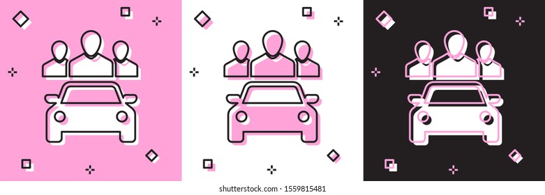 Set Car sharing with group of people icon isolated on pink and white, black background. Carsharing sign. Transport renting service concept.  Vector Illustration
