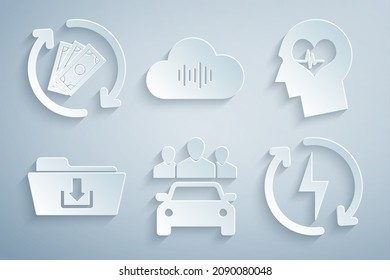 Set Car sharing, Head with heartbeat, Folder download, Recharging, Music streaming service and Refund money icon. Vector