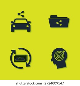 Establecer el coche que comparte, concepto de la caza de la cabeza, dinero del reembolso y el icono de la carpeta de Compartir. Vector