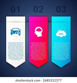 Set Car Sharing, Head Silhouette mit Wolken- und Methanemissionsreduktion. Vorlage für Geschäftsinformationen. Vektorgrafik
