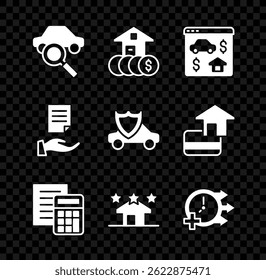 Set Car sharing, House with dollar, Online real estate, Calculator, Real, Clock, contract and shield icon. Vector