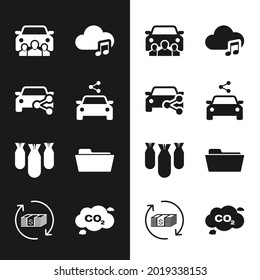 Set Car Sharing, , , , Musik Streaming Service, Aviation Bombs und Folder Icon. Vektorgrafik