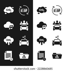 Set Car sharing, Music streaming service, CO2 emissions cloud, Refund money, Methane reduction and icon. Vector