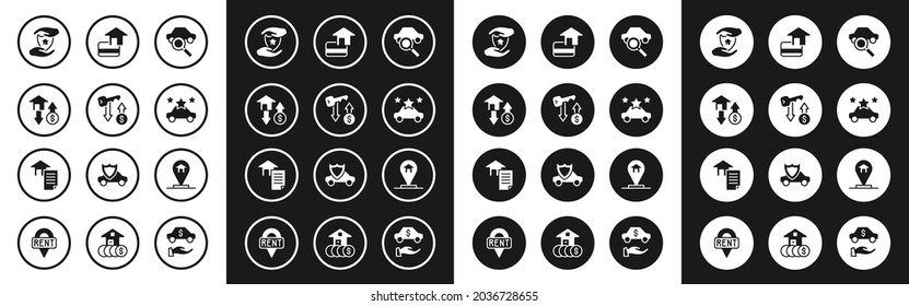 Set Car sharing, Rent key, House with dollar, shield, Credit card, Location house and contract icon. Vector