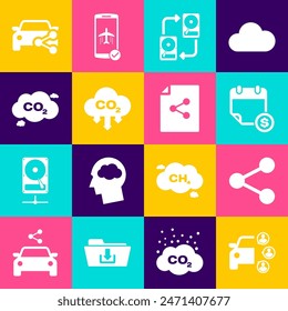 Set Coche compartido, Compartir, Calendario financiero, Intercambio de datos con hd, nube de emisiones de CO2 e icono. Vector