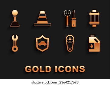Ajuste el coche con protección, filtro de aire, cartucho para aceite de motor, kit de correa de tiempo, llave inglesa, destornillador y llave, selector de velocidades e icono de cono de tráfico. Vector