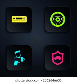 Set Car with shield, Audio, Paint spray gun and Steering wheel. Black square button. Vector