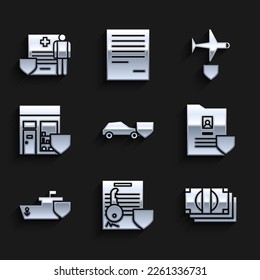 Set Car with shield, Document key, Stacks paper money cash, Ship, Shopping building, Plane and Medical clipboard clinical record icon. Vector