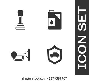 Ajuste el vehículo con protección, el selector de velocidades, la bocina de señales en el vehículo y el cartucho para el icono de aceite de motor. Vector