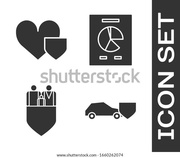 Set Car with\
shield, Heart with shield, Family insurance with shield and\
Document with graph chart icon.\
Vector