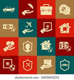 Set Car with shield, House, Briefcase, Plane in hand, Money,  and Safe icon. Vector