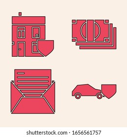 Set Car with shield, House with shield, Stacks paper money cash and Mail and e-mail icon. Vector