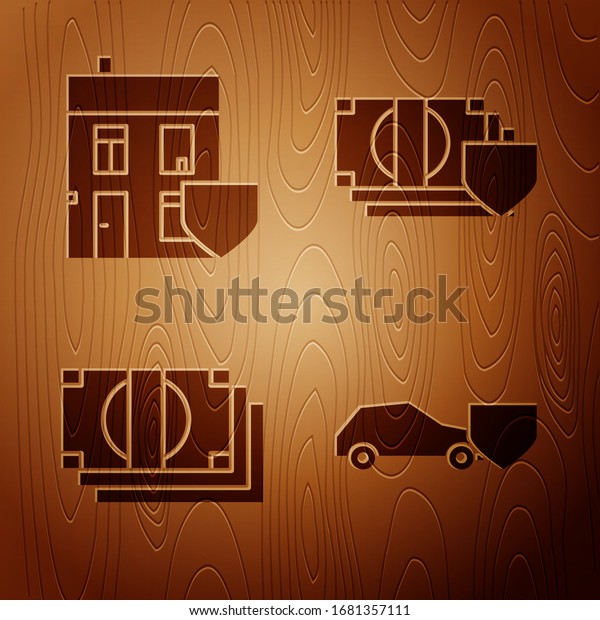 Set Car\
with shield, House with shield, Stacks paper money cash and Money\
with shield on wooden background.\
Vector
