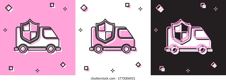 Set Car with shield icon isolated on pink and white, black background. Insurance concept. Security, safety, protection, protect concept. Vector.