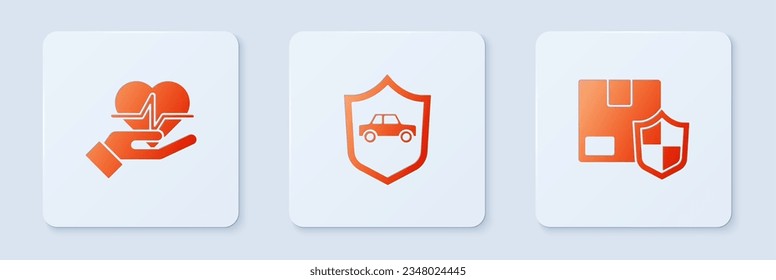 Set Car with shield, Life insurance in hand and Delivery security. White square button. Vector