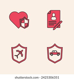 Set Coche con escudo, Seguro de vida, Documento y Plano icono. Vector