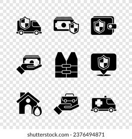 Set Car with shield, Money, Wallet, Fire in burning house, Hand holding briefcase, Emergency car, Stacks paper money cash and Life jacket icon. Vector