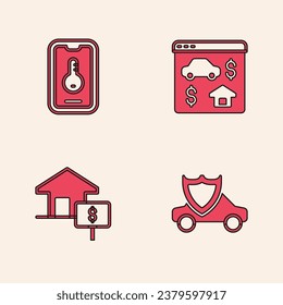 Set Car with shield, Online real estate,  and House dollar icon. Vector