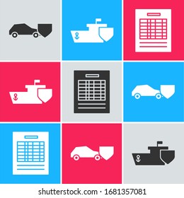 Set Car with shield, Ship with shield and Report file document icon. Vector