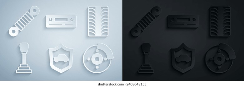 Set Car with shield, tire wheel, Gear shifter, brake disk caliper, Audio and Shock absorber icon. Vector