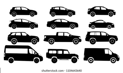 Set of car silhouette, isolated on white backgound. Black color. Sedan, hatchback, universal, pick up, van, minivan, truck, 4x4 of road car body type. Vector illustration.