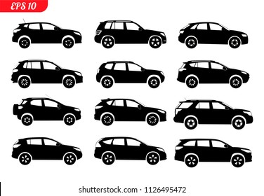 Set of car silhouette, isolated on white backgound. Black color. Sedan, hatchback and universal suv body type. 4x4 off road model car. Vector illustration. EPS 10 monochrome icons