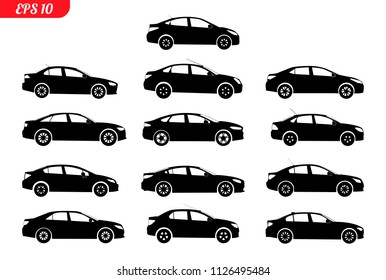 Set of car silhouette, isolated on white backgound. Black color. Sedan car body type. Realistic car model. Vector illustration.